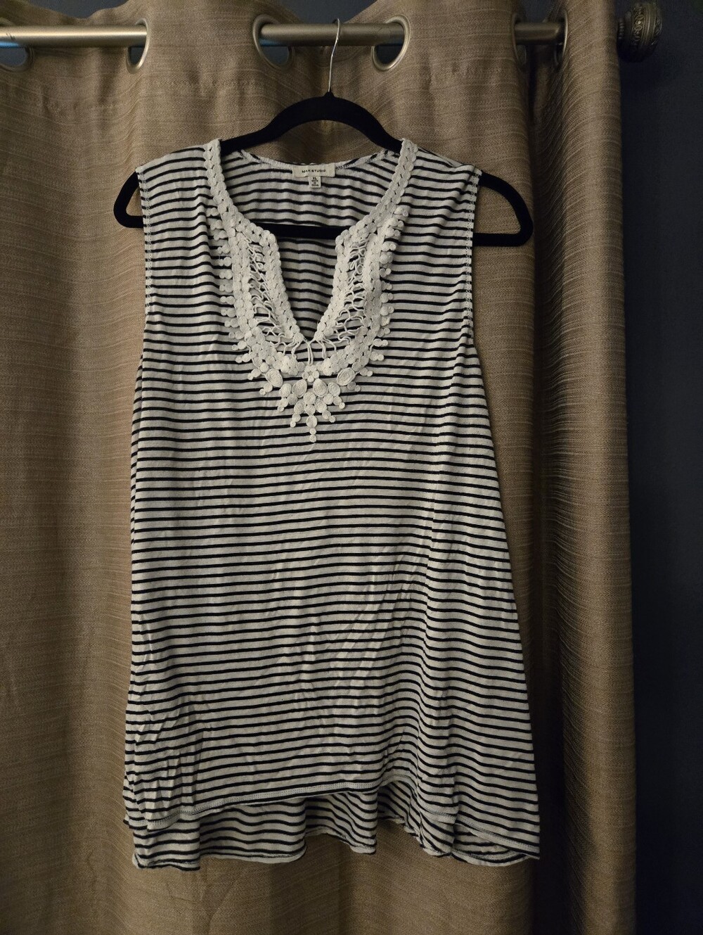 Max Studio Black & White Striped Sleeveless Tank with Lace Yoke